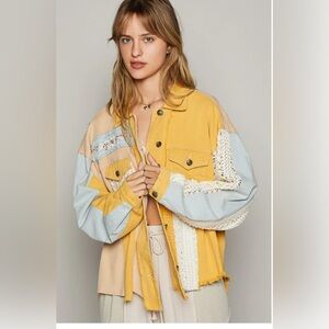 POL Oversized Crochet and Embroidery Jacket in Ginkgo Yellow Sz M Boho Cottage